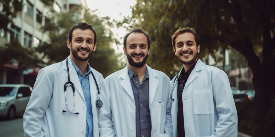 Three male Turkish doctors in white coats stand outside and smile