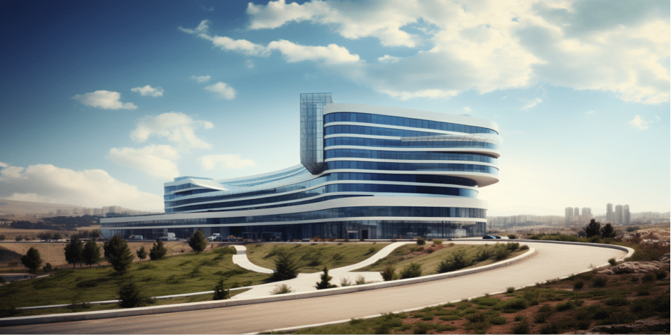 A modern hospital building in Turkey with beautiful landscapes around
