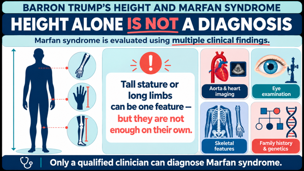Infographic explaining why Barron Trump’s height alone cannot indicate Marfan syndrome and what clinicians evaluate.