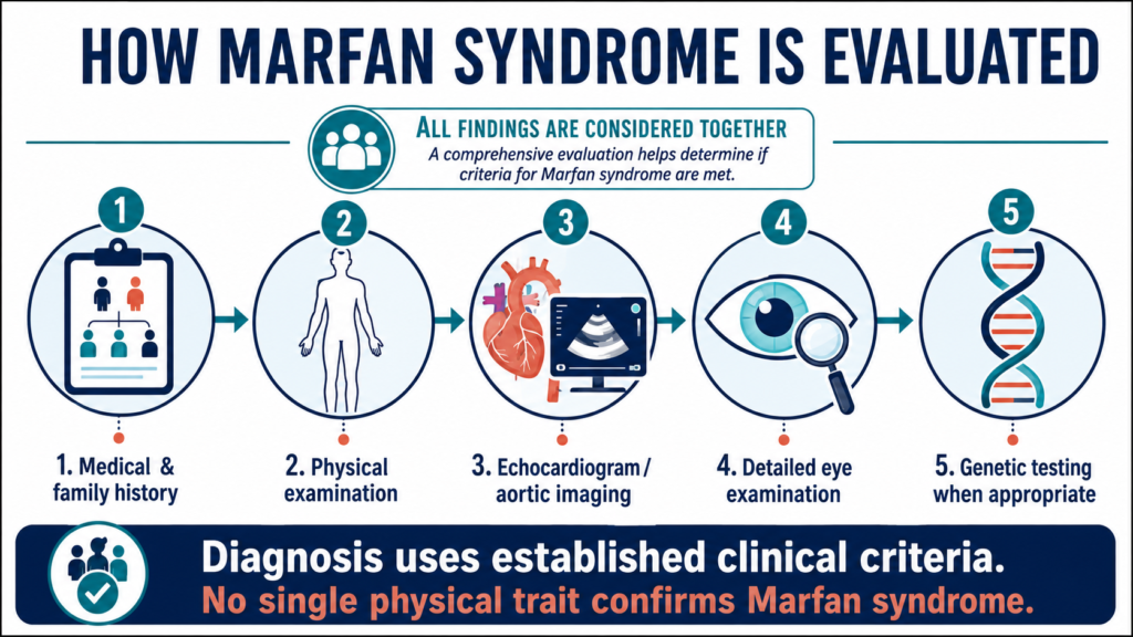 Five-part Marfan syndrome evaluation involving medical history, physical examination, aortic imaging, an eye examination, and genetic testing when appropriate.