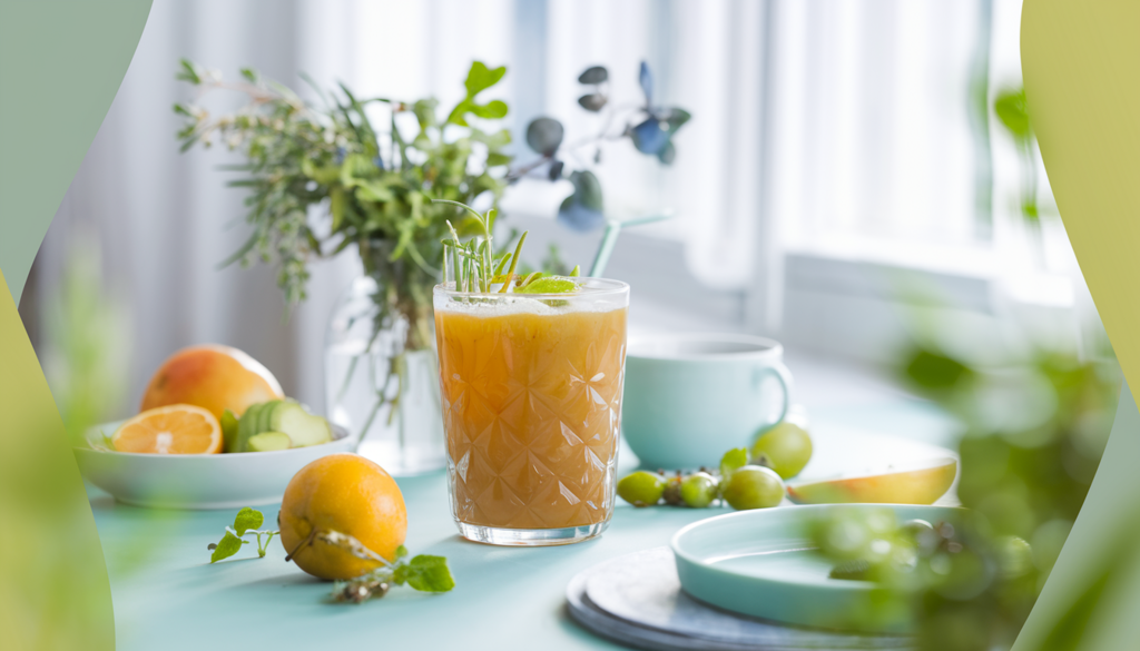 In a bright and airy kitchen setting, a beautifully arranged breakfast scene features a clear glass of a vibrant, natural-looking drink.