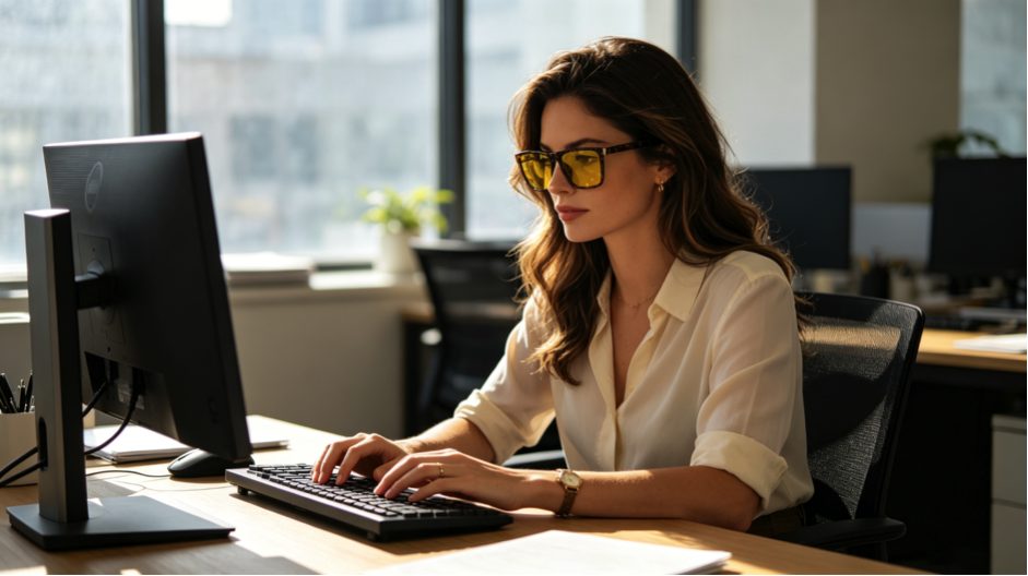 A woman is sitting in an office working diligently, wearing a pair of Sun Boost Wayfarer Yellow Screen Glasses.