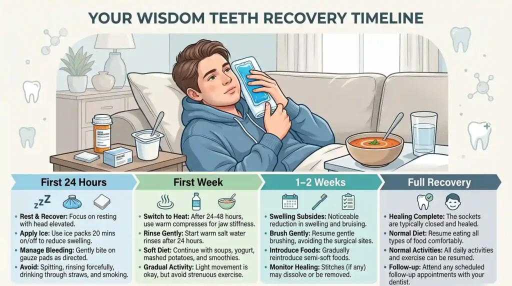 Dentist explaining wisdom teeth removal to a young patient using a dental X-ray in a clinic