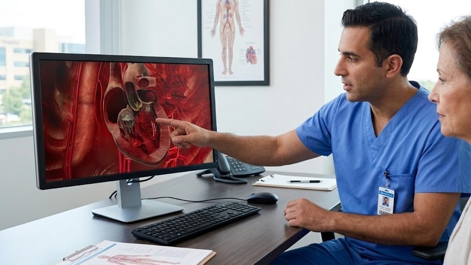 A male healthcare professional points to a desktop monitor showing a detailed 3D cross-section animation of a human heart, utilizing visual storytelling to clearly explain the cardiovascular system to a female patient.
