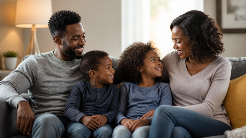 Cozy Family Portrait in Living Room at Golden Hour