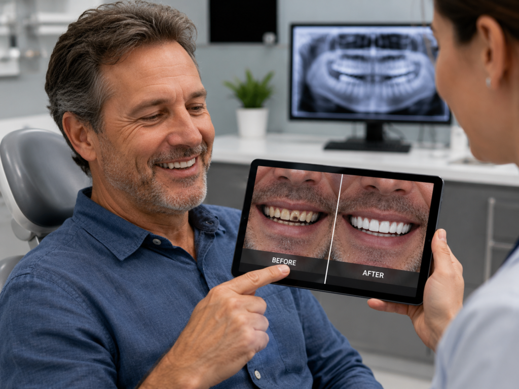 A smiling middle-aged man looking at a before-and-after smile preview on a tablet