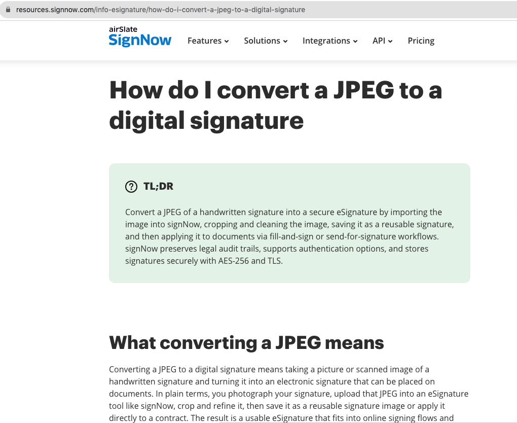 signNow resource page about converting a signature to an eSignature for electronic documents.
