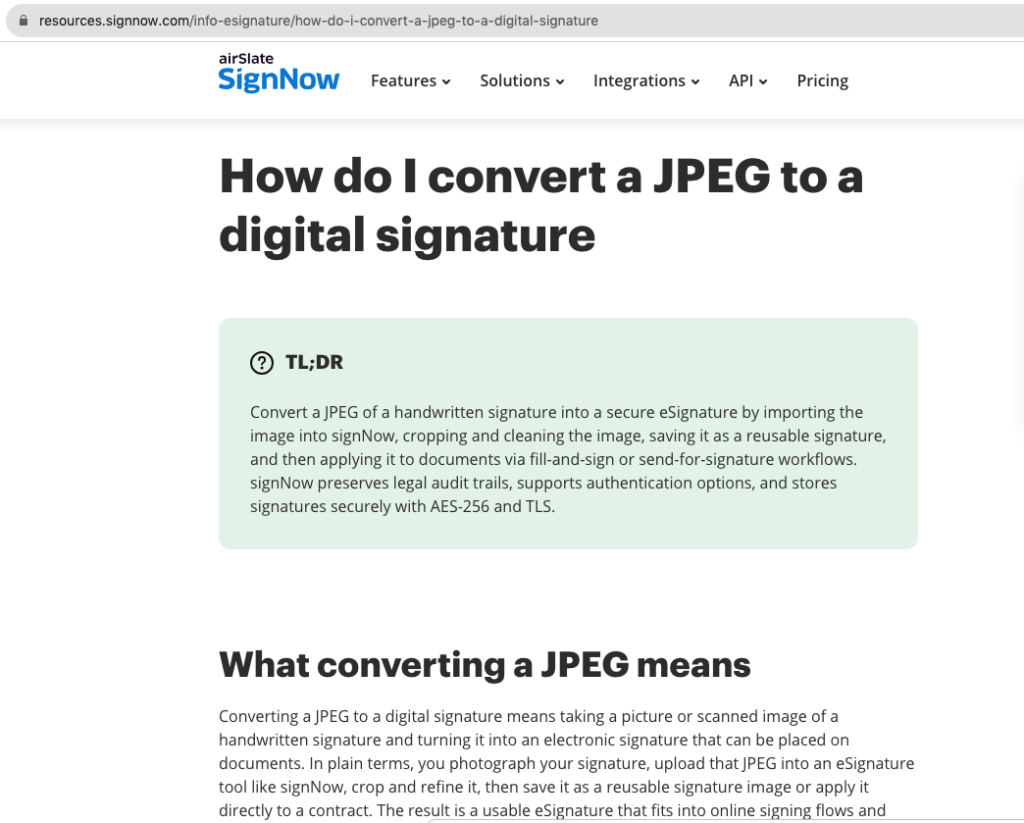 signNow resource page explaining how to convert a signature on paper to digital form.