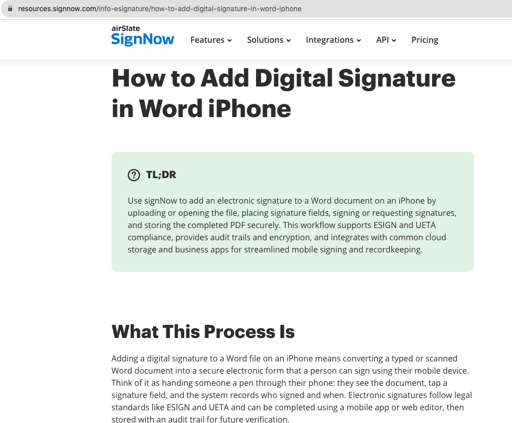 signNow resource page explaining how to sign a Word document on an iPhone.