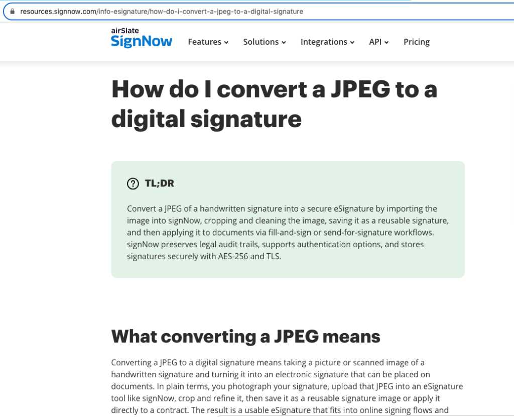 signNow webpage explaining how a JPEG signature image can be used as a digital signature.