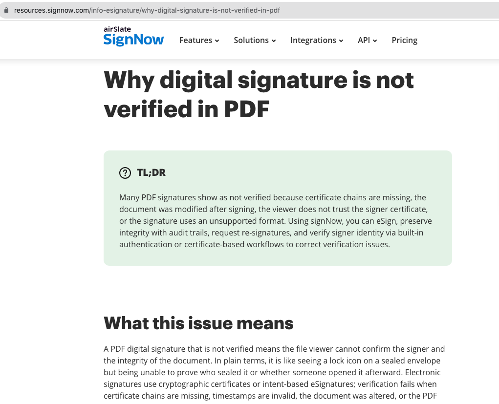 signNow resource page explaining why a digital signature may not be verified in a PDF.