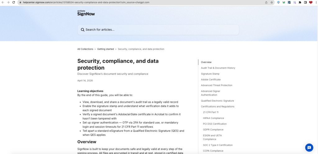 signNow security and compliance page describing protections for electronic documents and signatures.