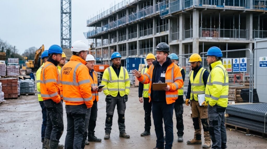 Site supervisor briefing a group of construction workers in hi-vis vests and hard hats during a toolbox talk on a building site.
