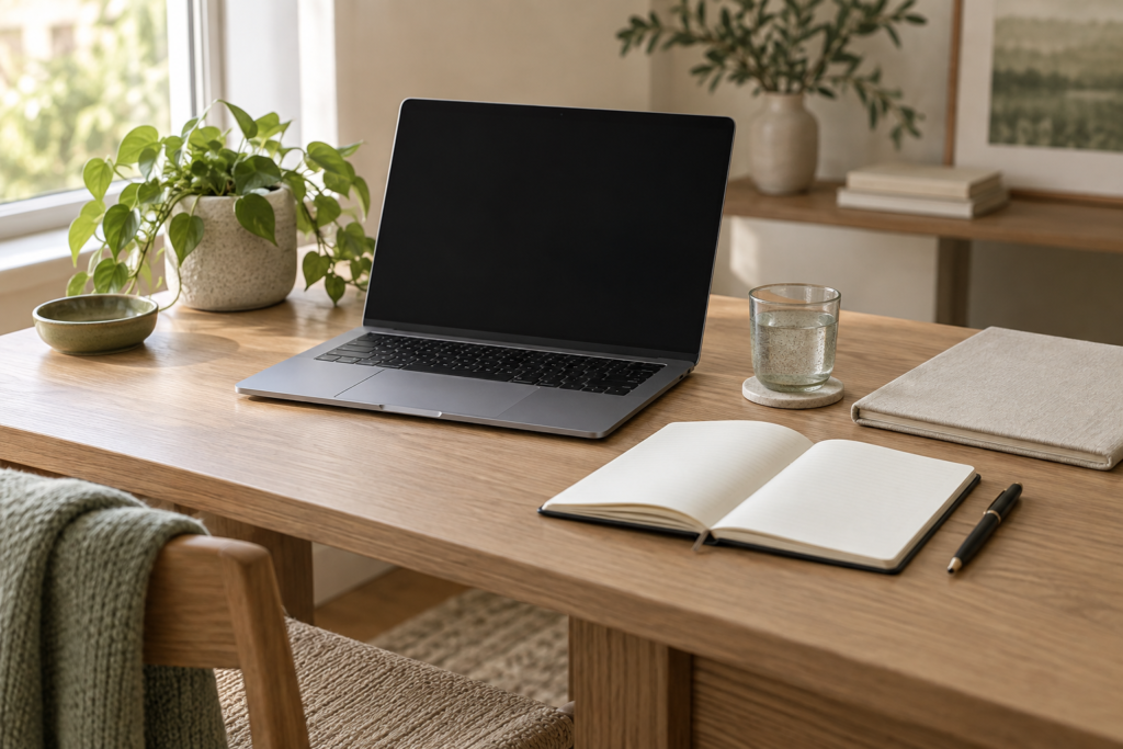 Laptop and notebook prepared for an online consultation