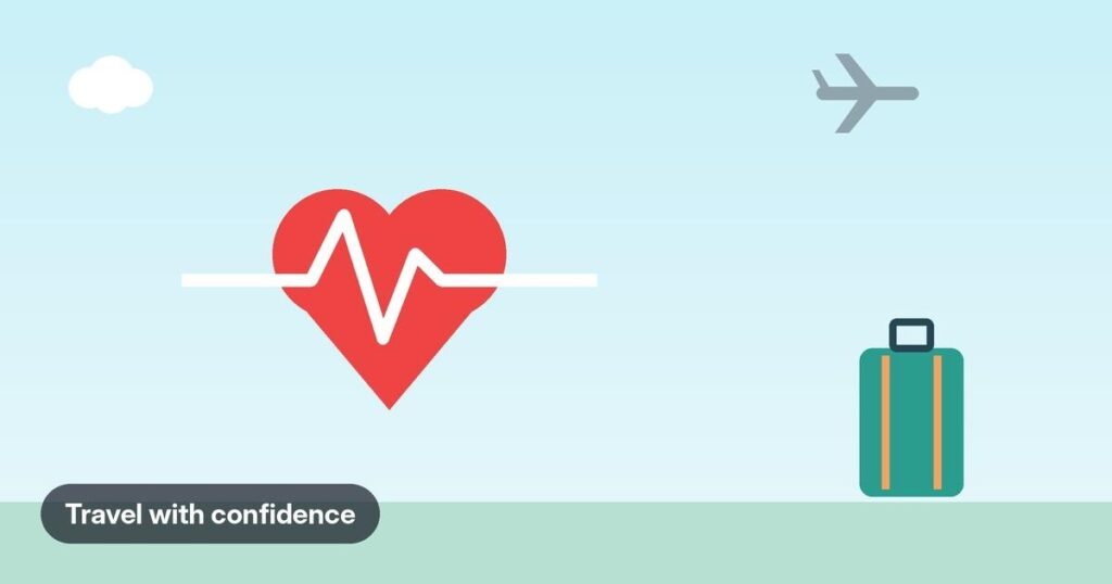Featured image Illustration of a red heart with a heartbeat line, a suitcase and a plane in a pale blue sky