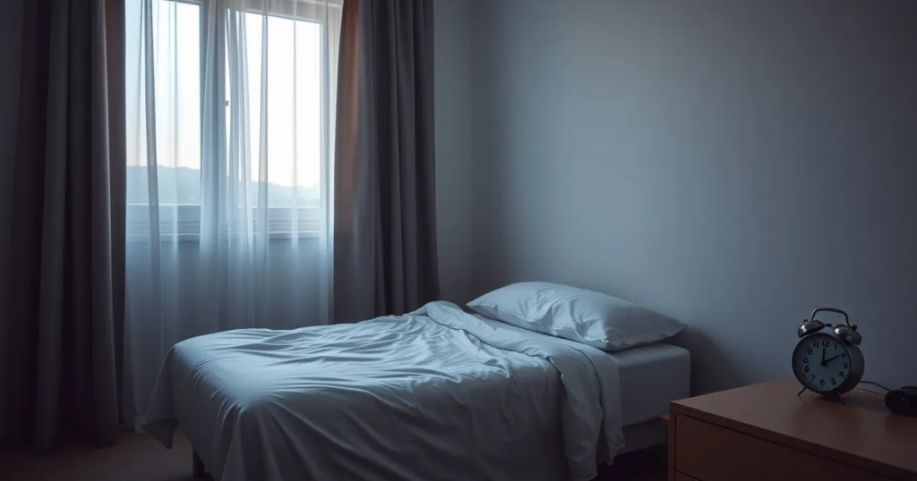 An unmade bed at dawn with grey light through a curtain and an alarm clock on the bedside table.