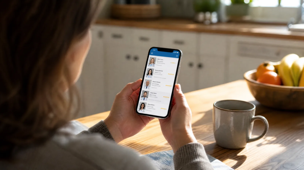 A patient at a kitchen table scrolling a clinic's doctor directory on a phone, comparing small portrait thumbnails
