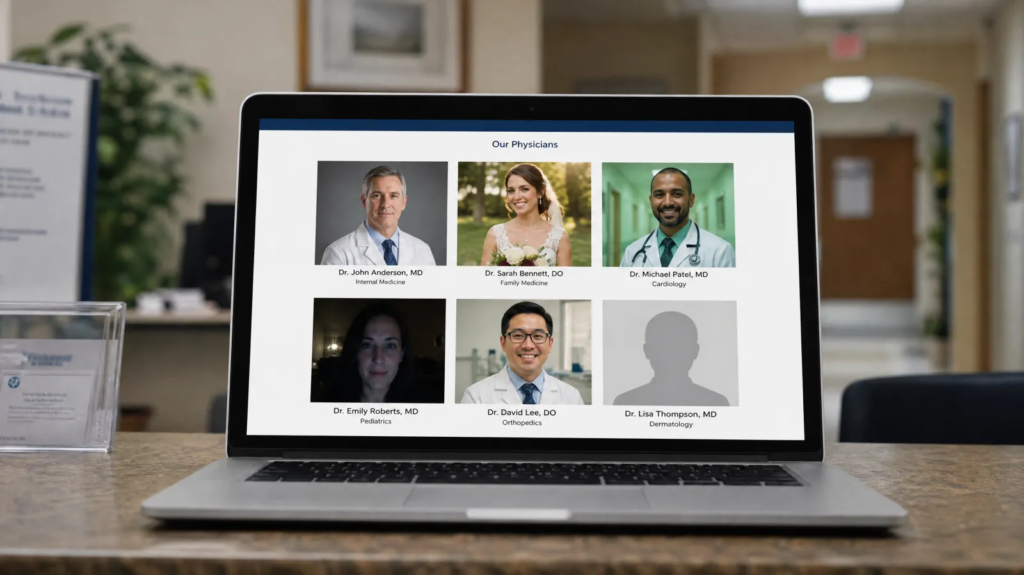 A clinic provider directory on a laptop showing mismatched doctor portraits and a grey silhouette placeholder for a new physician