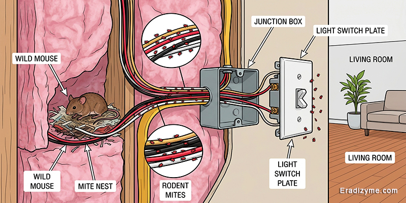 Cross-section diagram of a residential wall cavity showing a wild mouse nest and rodent mites actively migrating along insulated electrical cables into a household junction box and light switch plate.
